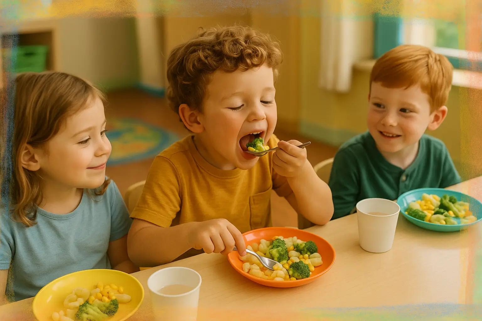 Игры с песком: неожиданная польза для развития детей в детском саду Дети едят обед в детском саду