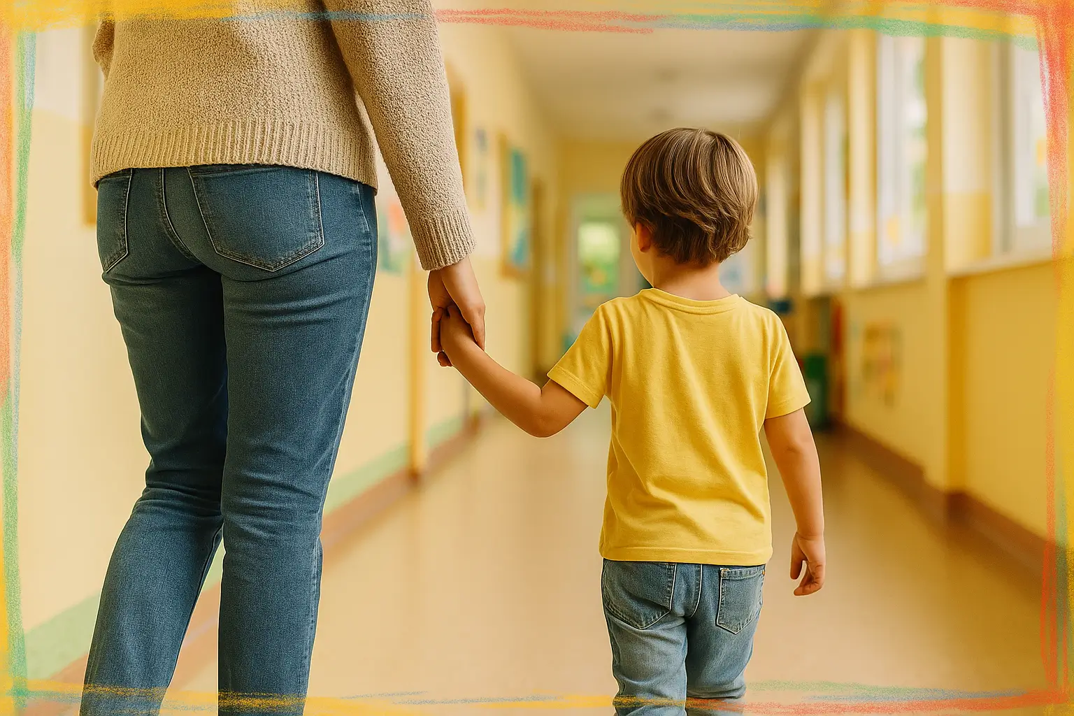 Тайны цветных стеклянных шариков: как игра развивает эмоциональный интеллект детей Взрослый ведёт ребёнка по коридору сада